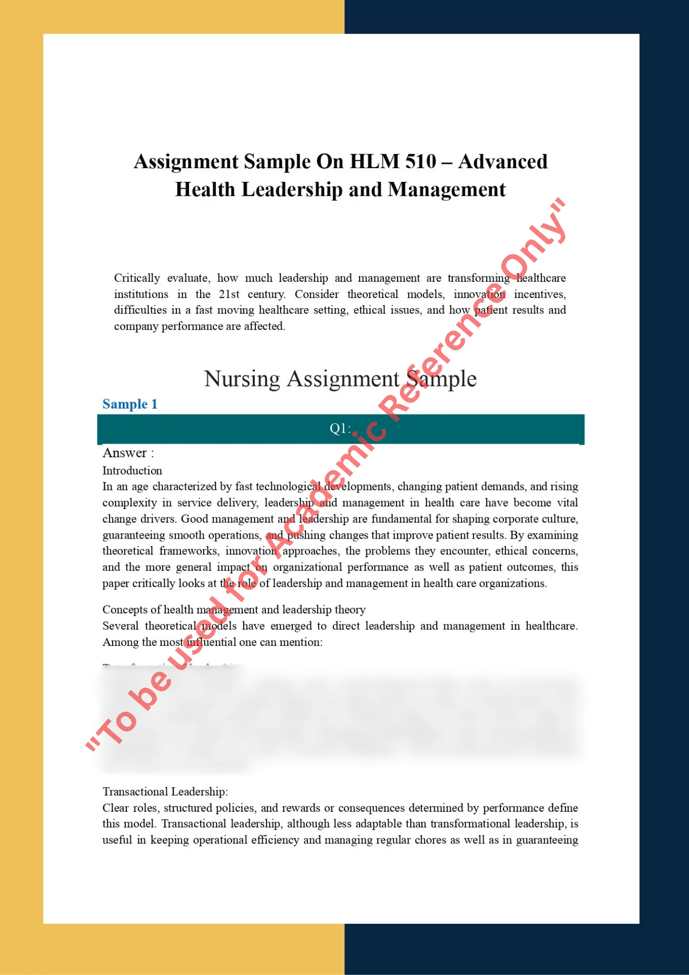 Assignment Sample On HLM 510 – Advanced Health Leadership and Management 0